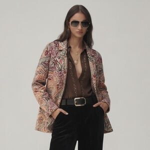 $99 J. Jill Jacquard Damask Sweater Blazer Almond Multicolor Floral Autumn Sz S